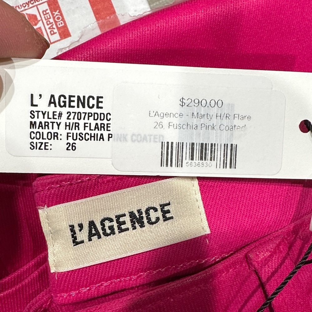 NWT L’AGENCE Marty High Rise Flare Coated Jeans Fuchsia Pink Leather Look Sz 26 - Picture 11 of 15